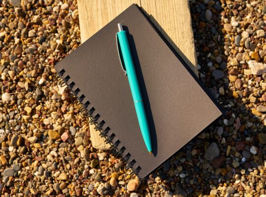 notebook, pen, black