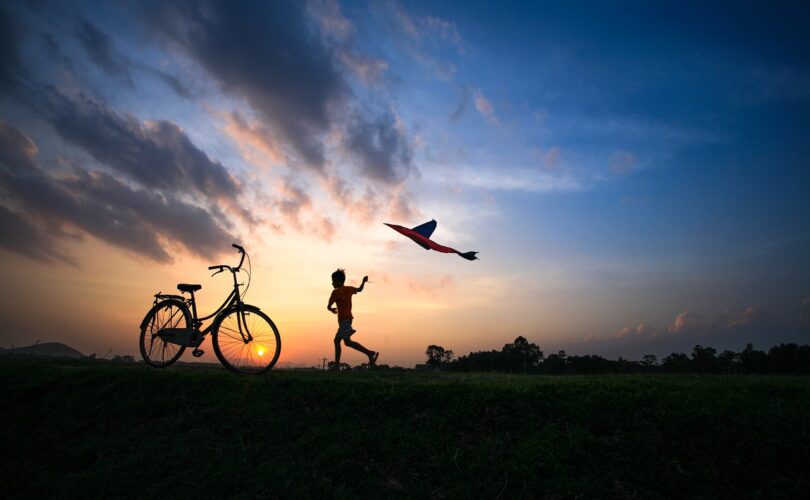 field, child, bike